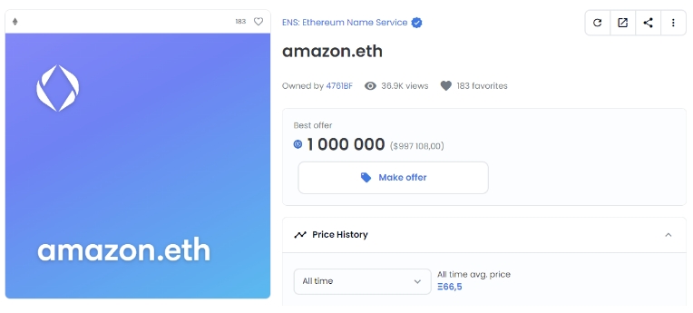 2022 07 19 19 11 47  Amazon  Ethereum Name Service Sells for 1000000 - سرویس نام اتریوم آمازون به قیمت 1،000،000 دلار به فروش می‌رسد